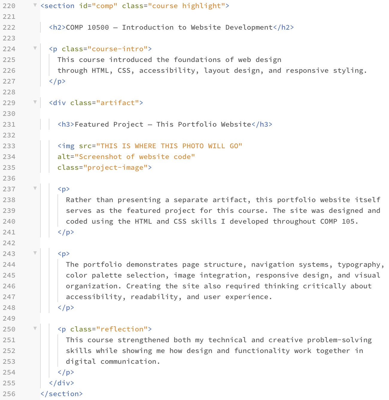 Screenshot of website code